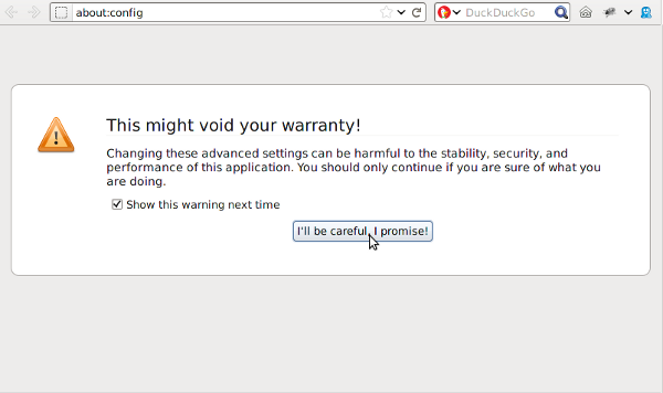 about:config warning screen
