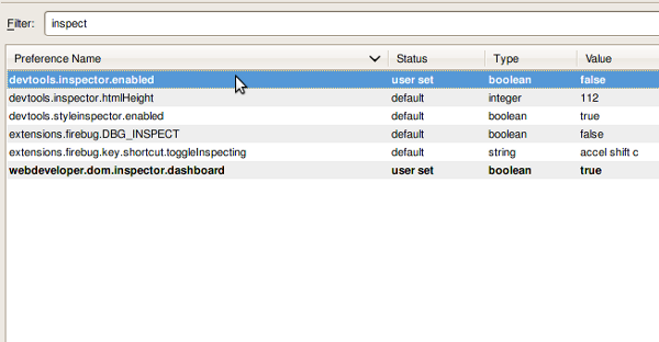 The devtools Inspect Element tool being switched off in about:config
