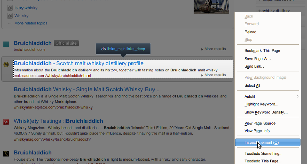 The devtools Inspect Element tool in action